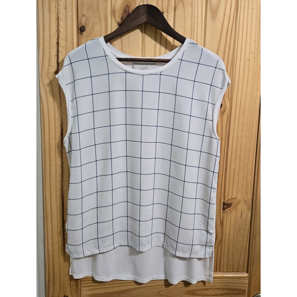 Ann Taylor LOFT Medium Sleeveless Blouse Shirt White Navy Blue Grid Square EUC